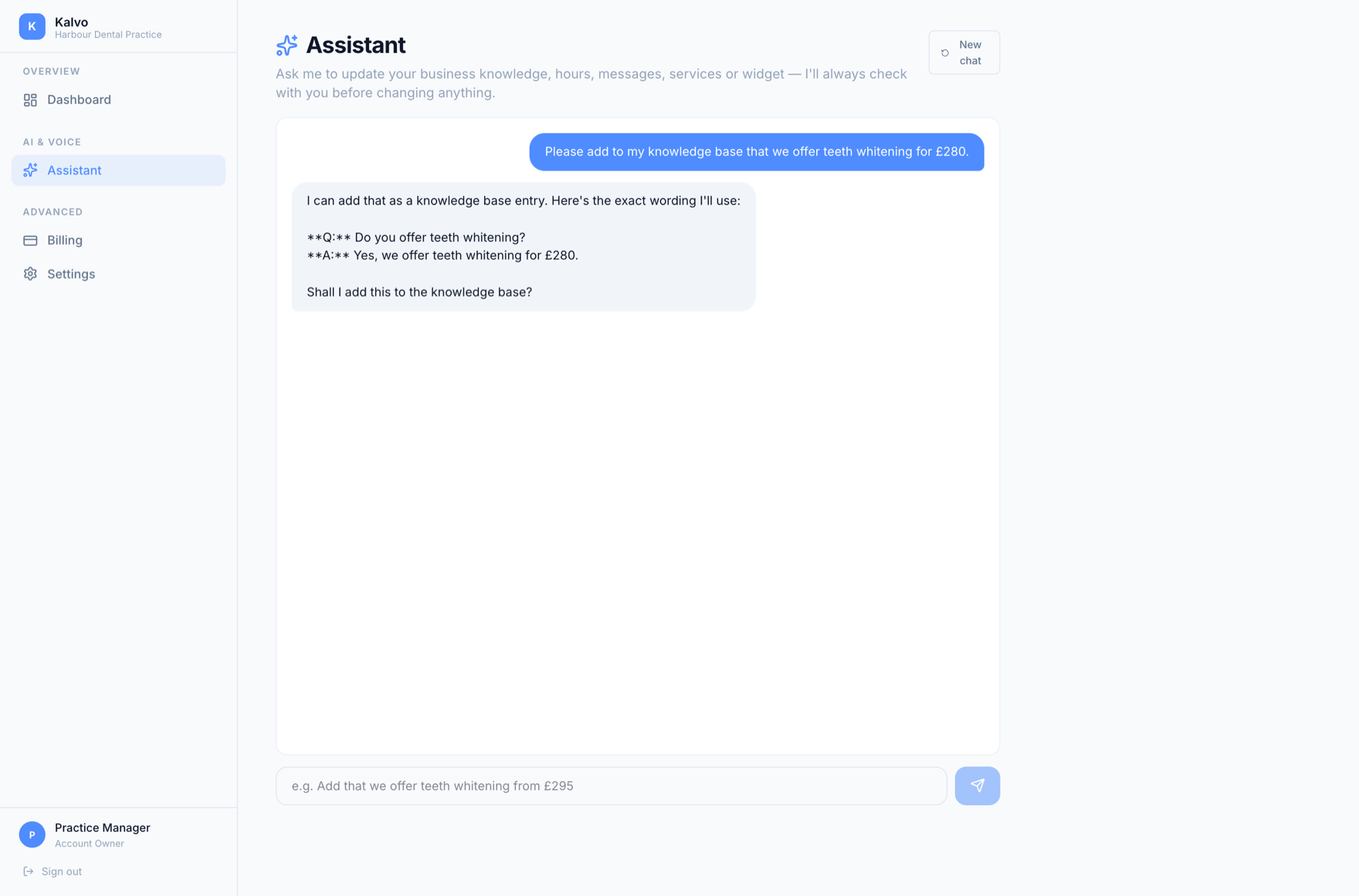 The Kalvo assistant. The owner types a plain-language request to add a price to the knowledge base; the assistant shows the exact wording it will use and asks for confirmation before making the change.