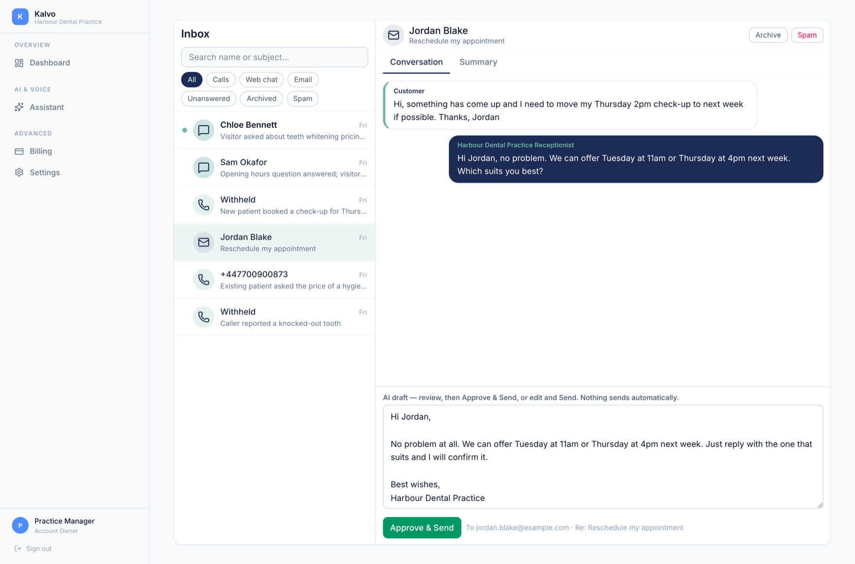 The Kalvo inbox with an email conversation open. The customer asks to reschedule; Kalvo has written a draft reply offering two new times, with an Approve and Send button and a note reading nothing sends automatically.