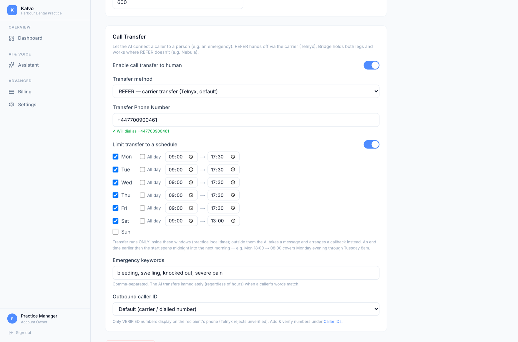 The Kalvo call-transfer settings. Transfer to a human is enabled, limited to a weekly schedule, with emergency keywords that transfer a caller immediately regardless of the time.
